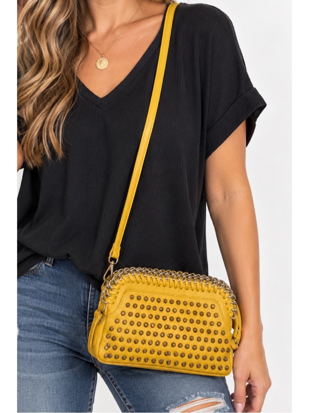 Ethel & Myrtle mustard-yellow crossbody purse with a rectangular shape